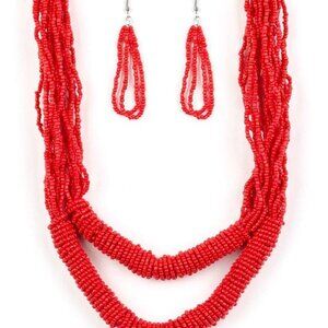 Paparazzi Right as Rainforest Red Necklace and Earrings Set
